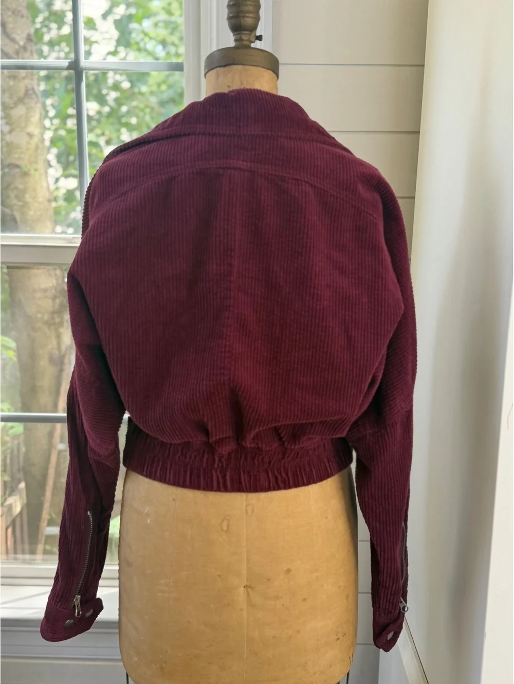 Free People Burgundy Corduroy Belted Cropped Moto Boho Chic Jacket Women Small